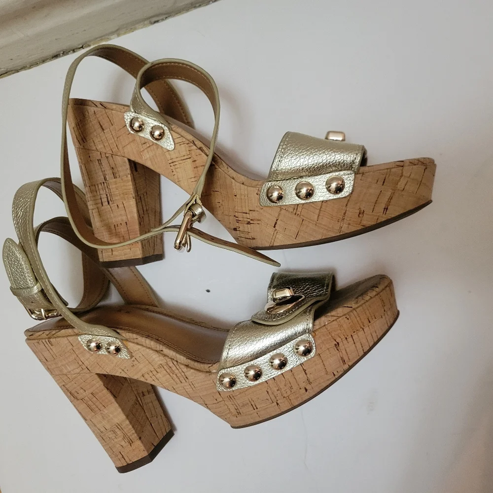Coach Metallic Gold Leather Cork Sandals Turn-Lock Detail & Wrap Strap Boho Chic